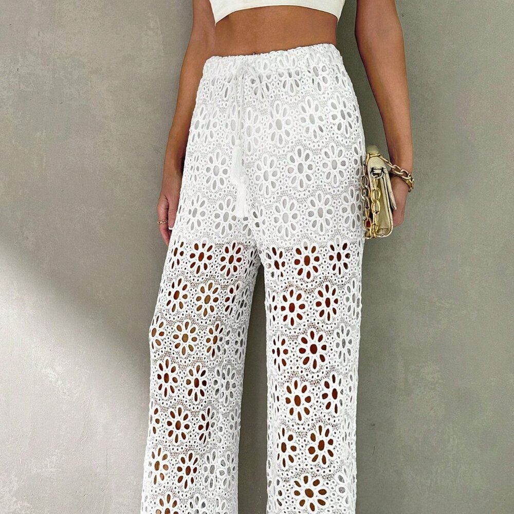 Beige Boho Women's Summer Vacation Beach Lace Crochet Hollow Out Wide Leg Pants - Picture 6 of 7